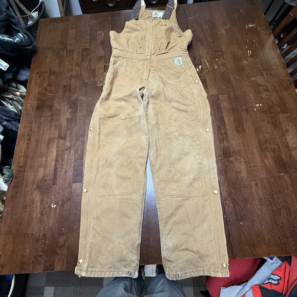 Carhartt Insulated Bib Overalls Mens Small Brown Quilt Lined Double Knee Work - Picture 1 of 8